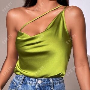 SHEIN Satin One Shoulder Bodysuit Chartreuse Green | NWOT | Size S & L